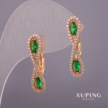 أقراط Xuping بأحجار راين بيضاء وأحجار خضراء 6×25مم مطلي ذهب 18K