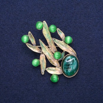 بروش أوراق مع عين الهر، مينا أخضر، معدن ذهبي 38×53mm